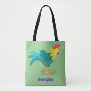 Cute funny crowing rooster cartoon illustration tote bag