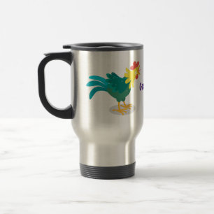 Cute funny crowing rooster cartoon illustration travel mug