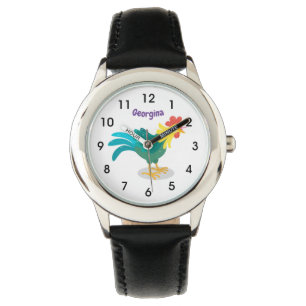 Cute funny crowing rooster cartoon illustration watch