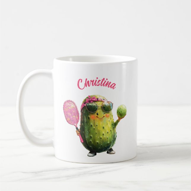 Cute Funny Cucumber Pickle with Sunglasses and Bow Coffee Mug (Left)