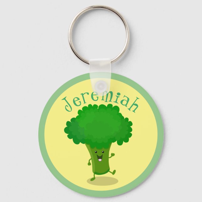 Cute funny dancing broccoli cartoon illustration key ring (Front)