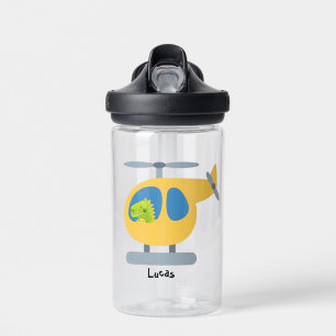 cute funny dino flying  yellow helicopter DIY NAme Water Bottle