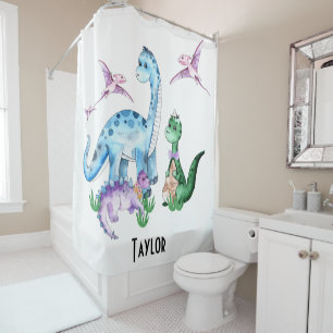  Cute Funny Dinosaurs Blue Purple Green Kids Name Shower Curtain
