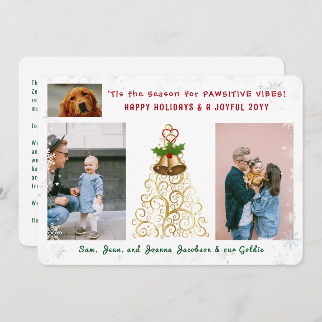 Cute Funny Dog Cat Happy Holidays 3 Photos Elegant Holiday Card (Front/Back)