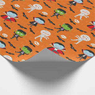 Cute funny Dracula Halloween Vampire on orange Wrapping Paper