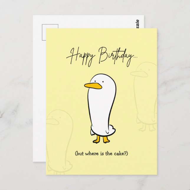 Cute Funny Duck Birthday Card – Where’s The Cake? (Front/Back)
