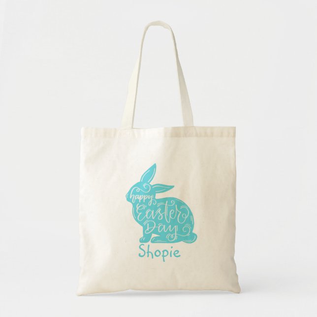 Cute Funny Easter Bunny Hunting Eggs Blue Tote Bag (Front)