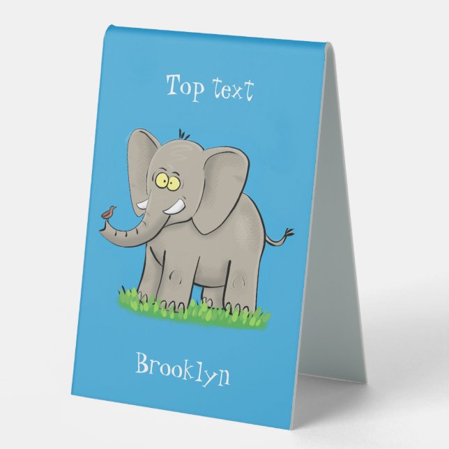 Cute funny elephant with bird on trunk cartoon (Front)