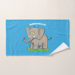 Cute funny elephant with bird on trunk cartoon bath towel set