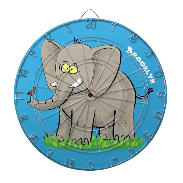 Cute funny elephant with bird on trunk cartoon dartboard (Front)