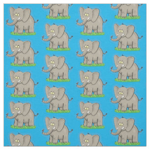 Cute funny elephant with bird on trunk cartoon fabric
