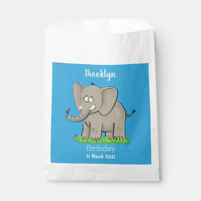 Cute funny elephant with bird on trunk cartoon favour bag (Front)