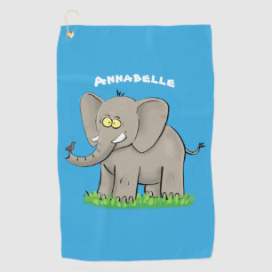 Cute funny elephant with bird on trunk cartoon golf towel