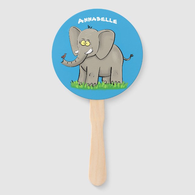 Cute funny elephant with bird on trunk cartoon hand fan (Front)