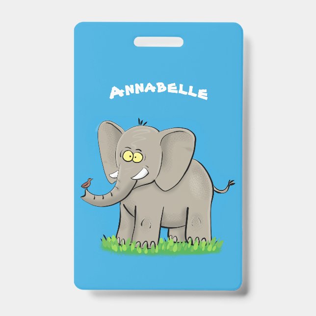 Cute funny elephant with bird on trunk cartoon ID badge (Front)