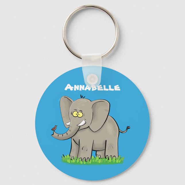 Cute funny elephant with bird on trunk cartoon key ring (Front)