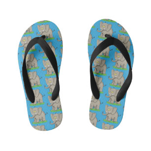 Cute funny elephant with bird on trunk cartoon kid's thongs