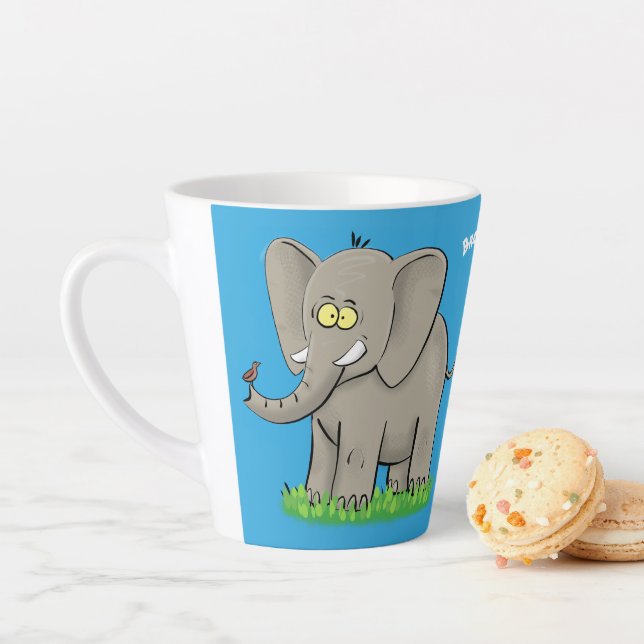 Cute funny elephant with bird on trunk cartoon latte mug (In Situ)