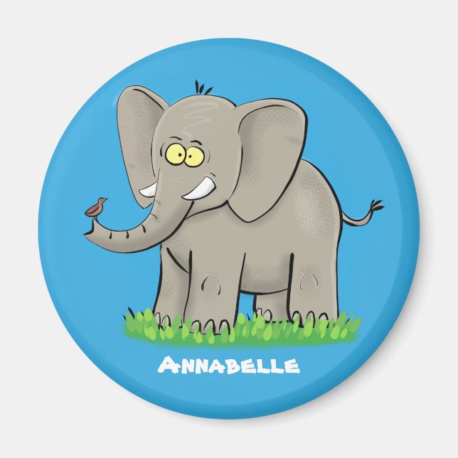 Cute funny elephant with bird on trunk cartoon magnet (Front)