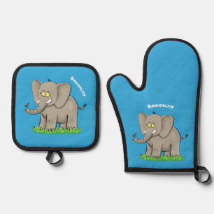 Cute funny elephant with bird on trunk cartoon oven mitt & pot holder set