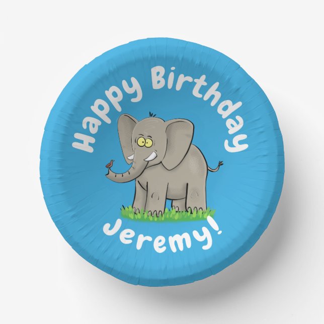 Cute funny elephant with bird on trunk cartoon paper plate (Front)