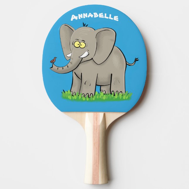 Cute funny elephant with bird on trunk cartoon ping pong paddle (Front)