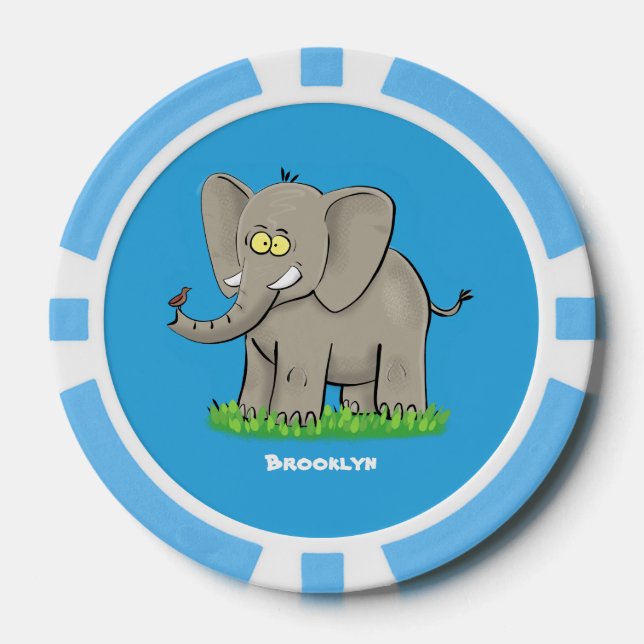 Cute funny elephant with bird on trunk cartoon poker chips (Front)