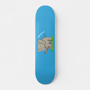 Cute funny elephant with bird on trunk cartoon skateboard