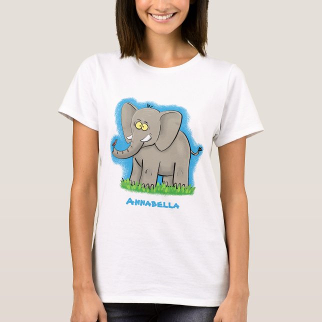 Cute funny elephant with bird on trunk cartoon T-Shirt (Front)