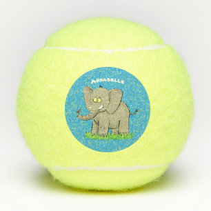Cute funny elephant with bird on trunk cartoon tennis balls