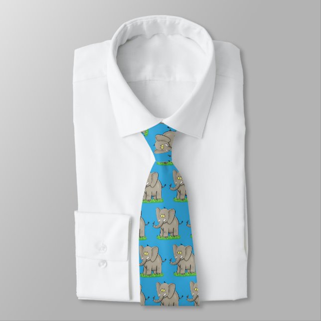 Cute funny elephant with bird on trunk cartoon tie (Tied)