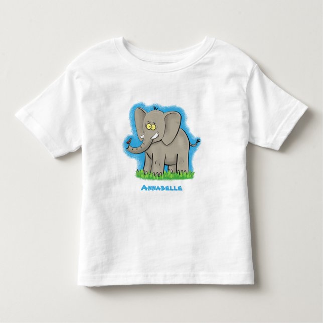 Cute funny elephant with bird on trunk cartoon toddler T-Shirt (Front)