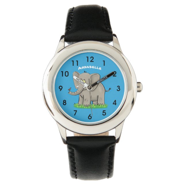 Cute funny elephant with bird on trunk cartoon watch (Front)