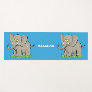 Cute funny elephant with bird on trunk cartoon yoga mat