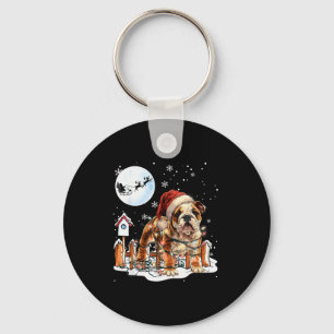 Cute Funny English Bulldog Christmas Lights Santa  Key Ring