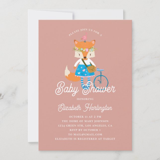 Cute funny fox baby shower. Woodland animal pink Invitation (Front)
