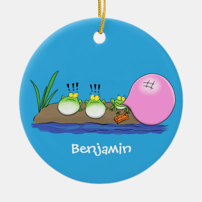 Cute funny frogs bubblegum cartoon illustration ceramic ornament (Front)