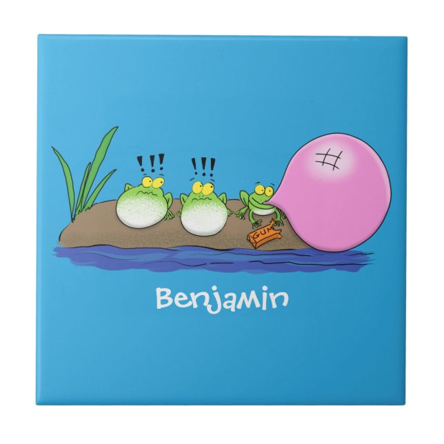 Cute funny frogs bubblegum cartoon illustration ceramic tile (Front)