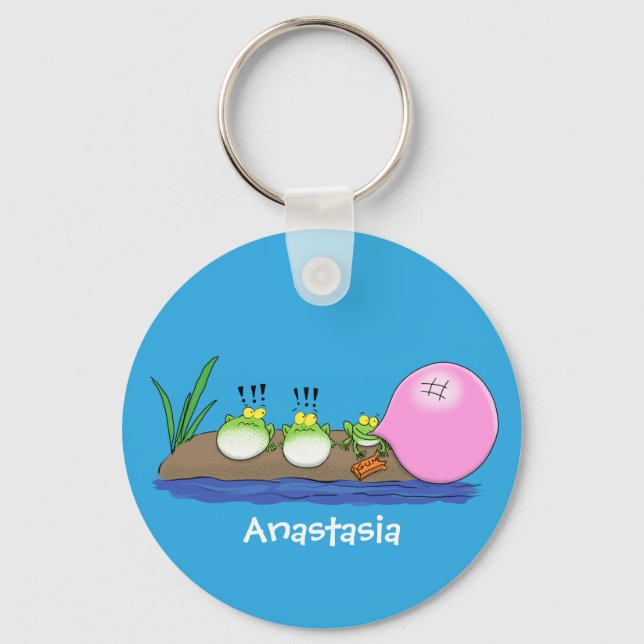 Cute funny frogs bubblegum cartoon illustration key ring (Front)