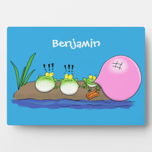 Cute funny frogs bubblegum cartoon illustration plaque