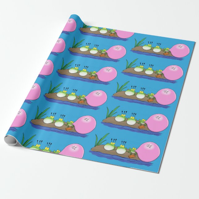 Cute funny frogs bubblegum cartoon illustration wrapping paper (Unrolled)