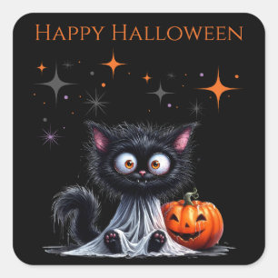 Cute Funny Ghost Black Kitten Halloween Square Sticker