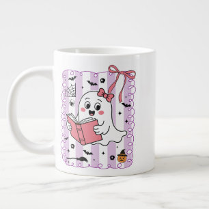 Cute Funny Ghost Book Reading Preppy Halloween  Large Coffee Mug