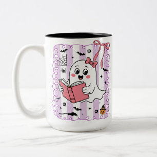 Cute Funny Ghost Book Reading Preppy Halloween Two-Tone Coffee Mug