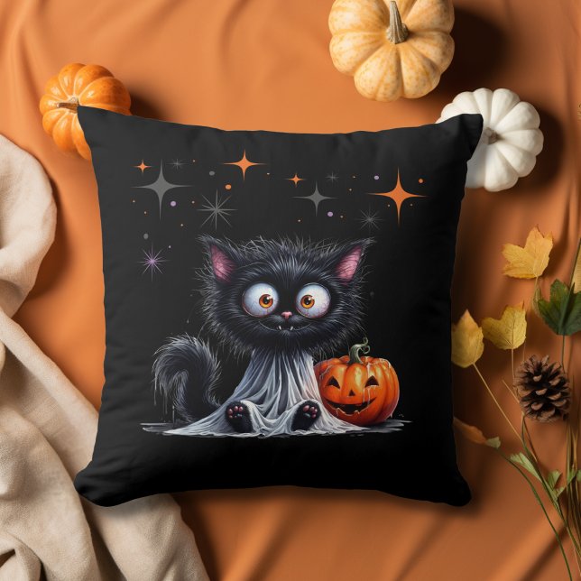 Cute Funny Ghost Kitten Halloween Trick or Treat Cushion (Creator Uploaded)