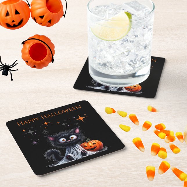 Cute Funny Ghost Kitten Halloween Trick or Treat Square Paper Coaster (Creator Uploaded)