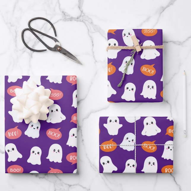 Cute Funny Ghosts Halloween Seamless Pattern Wrapping Paper Sheet (Front)