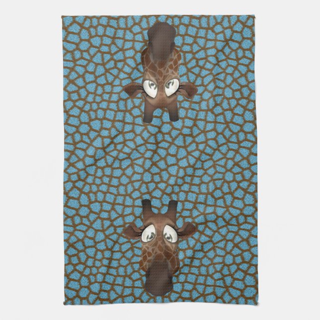 Cute Funny Giraffes Blue Animal Fur Pattern Tea Towel (Vertical)