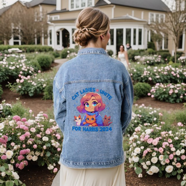 Cute Funny Girly Childless Cat Lady Unite Harris Denim Jacket (Wedding Back)