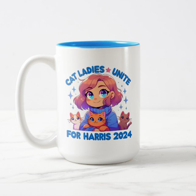 Cute Funny Girly Childless Cat Lady Unite Harris Two-Tone Coffee Mug (Left)